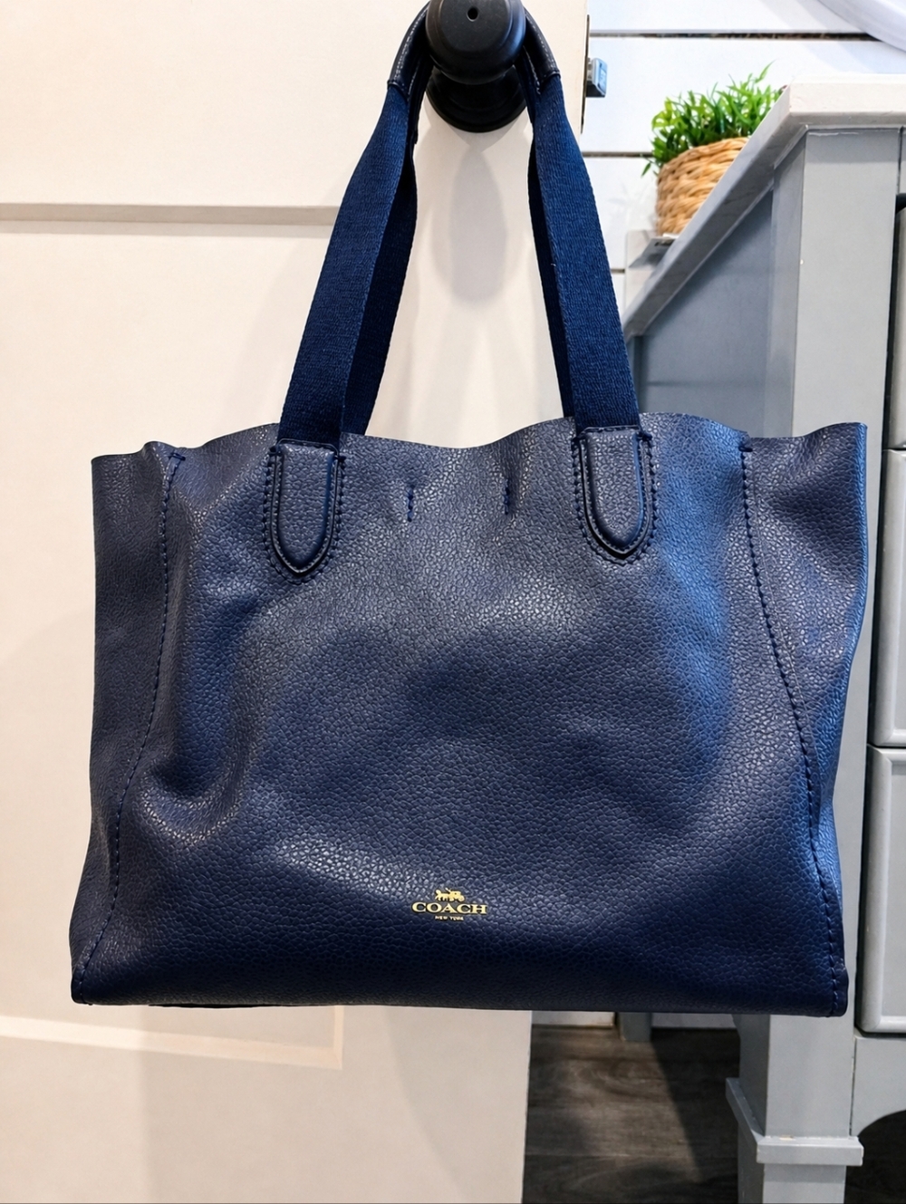 Coach Derby Tote Navy Pebbled Leather Work Bag Purse F58660